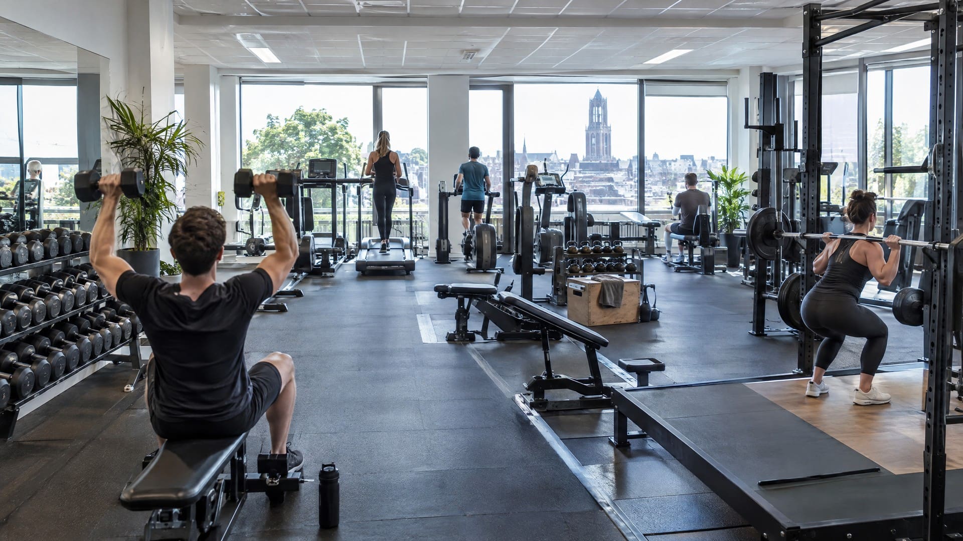 Lichte trainingszaal met halters, loopbanden en squatrek, met uitzicht over de stad